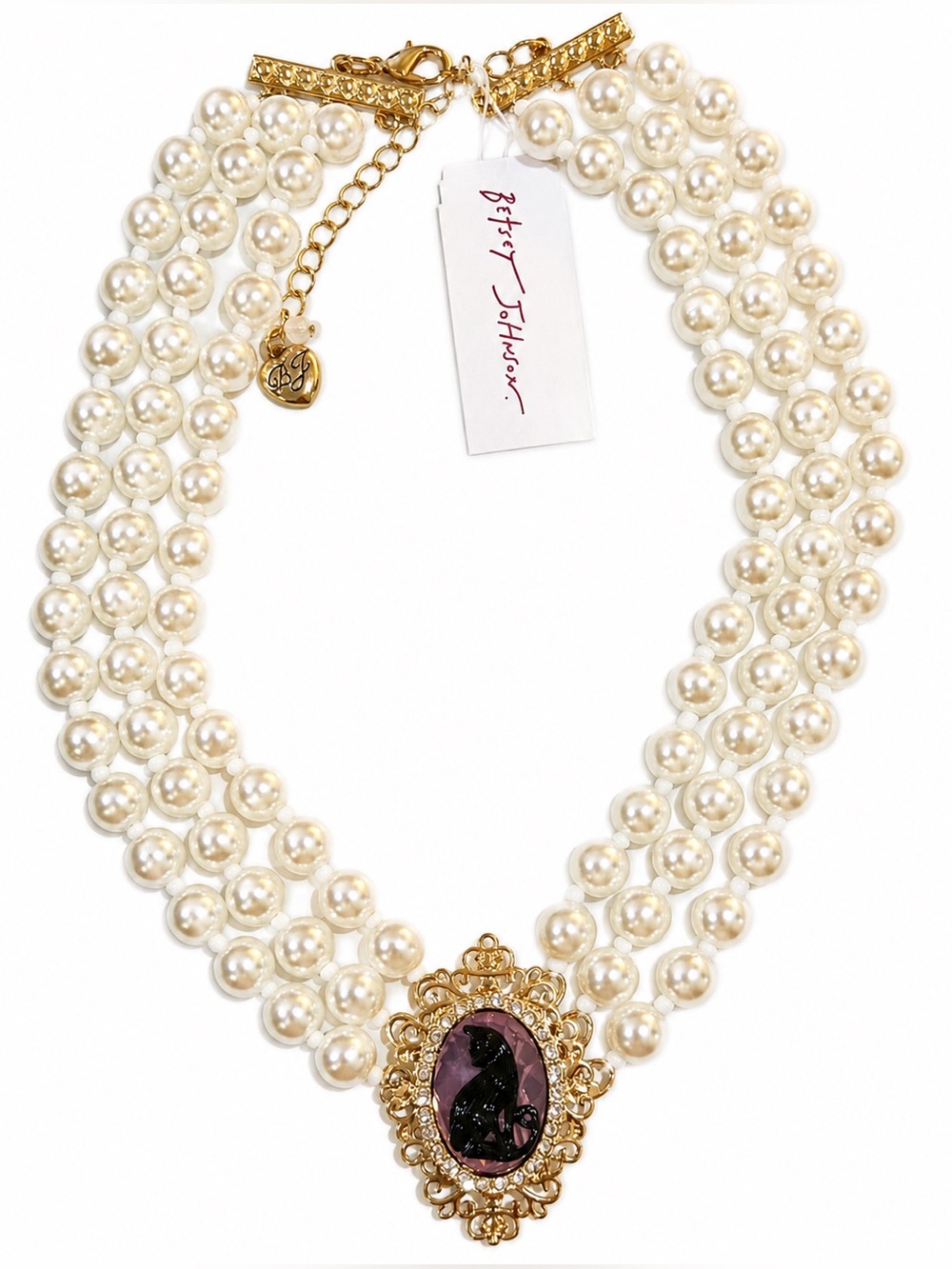 Betsey Johnson Black Cat Cameo Triple Strand Faux Pearl Statement Necklace NWT
